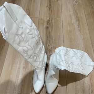 White faux leather knee high boots